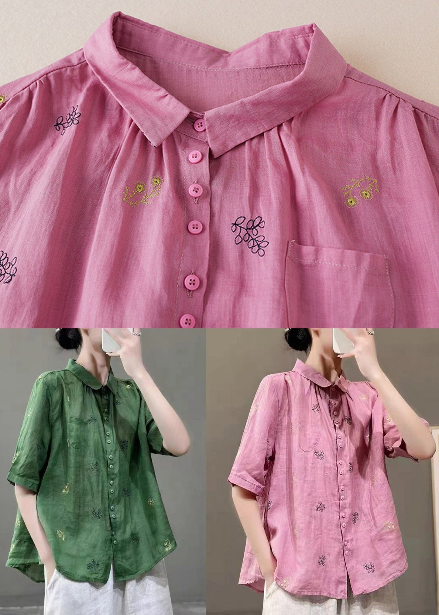 Green Peter Pan Collar Embroideried Patchwork Cotton Shirts Top Summer