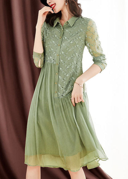 Green Peter Pan Collar Embroideried Patchwork Wrinkled Silk Long Dresses Long Sleeve