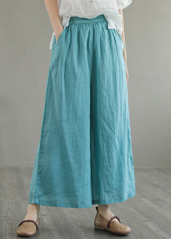 Green Pockets Elastic Waist Linen Wide Leg Pants Summer