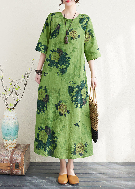 Green Print Chinese Button Linen a Line Dress Summer