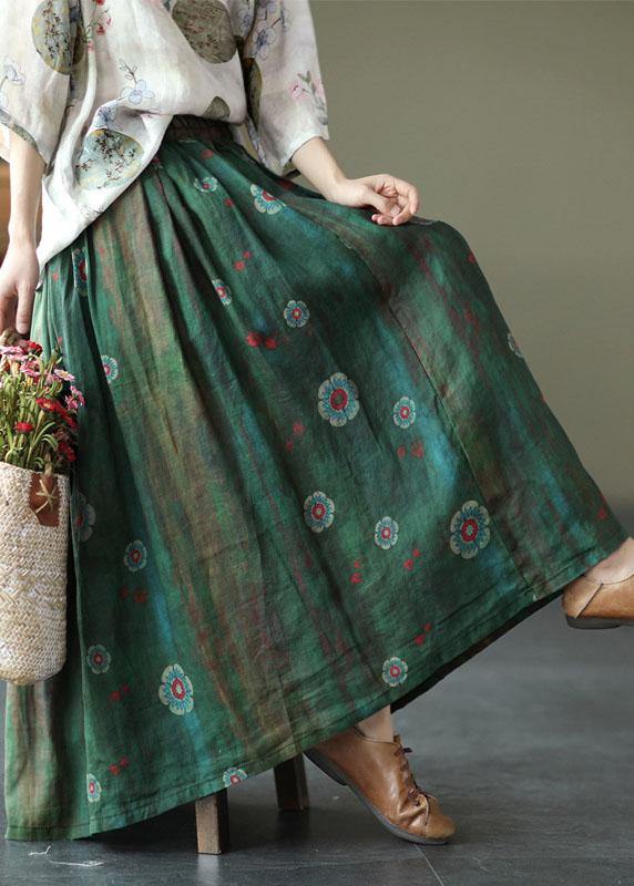 Brown Flower Ramie Elastic Waist Skirt