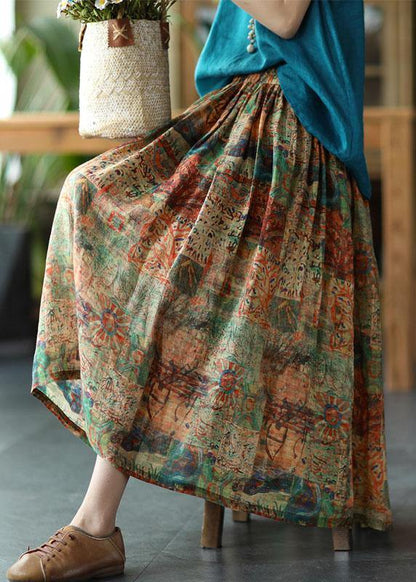 Brown and Red Stripes Ramie Elastic Waist Skirt