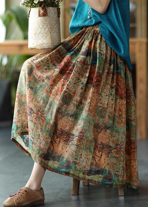 Brown Flower Ramie Elastic Waist Skirt