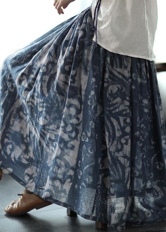 Green Print Ramie Elastic Waist Skirt