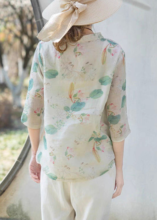 Green Print Stand Collar Button Linen Shirt Half Sleeve