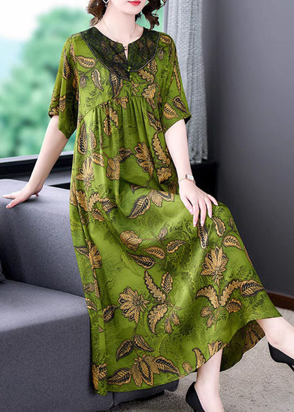 Green Print Wrinkled Patchwork Silk Long Dress Summer