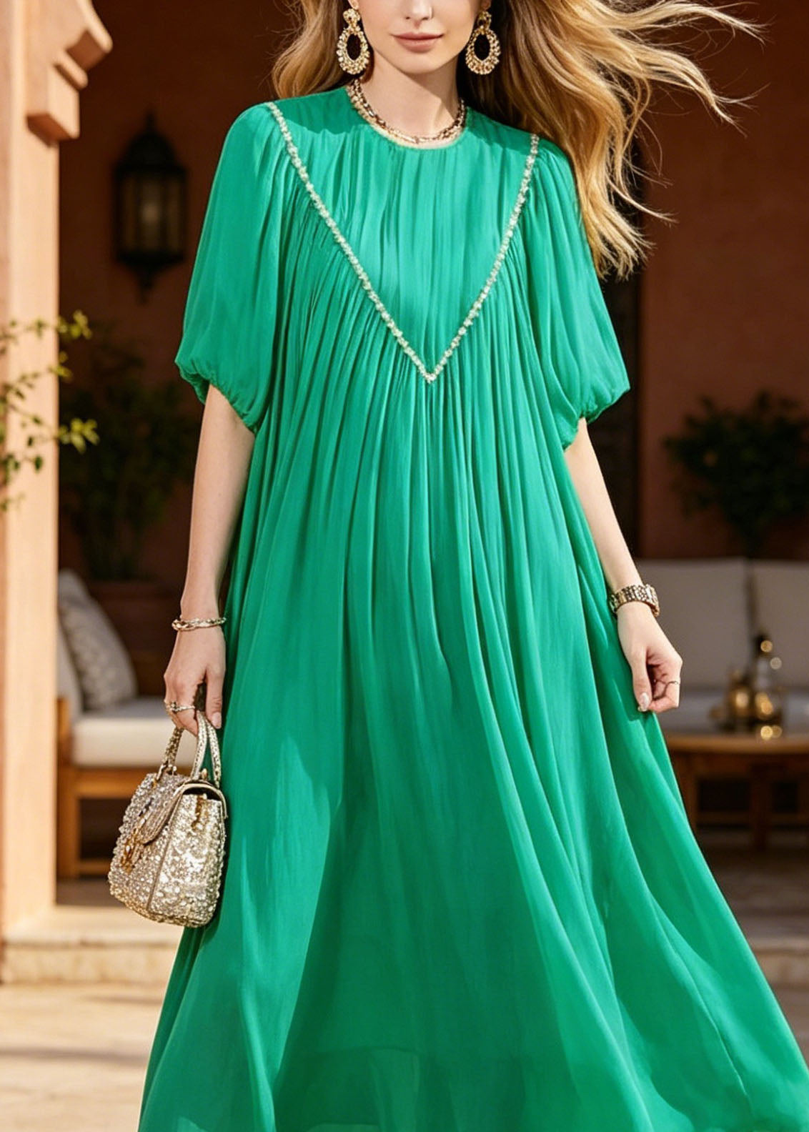 Green Puff Sleeve Nail Bead Chiffon Long Dresses