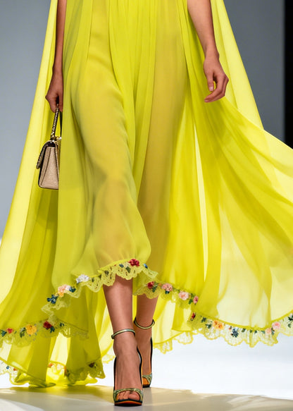 Green Ruffled Exra Large Hem Flower Chiffon Robe Dresses Summer