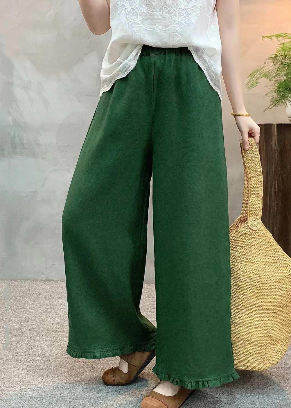 Green Ruffled Linen Wide Leg Pants Summer