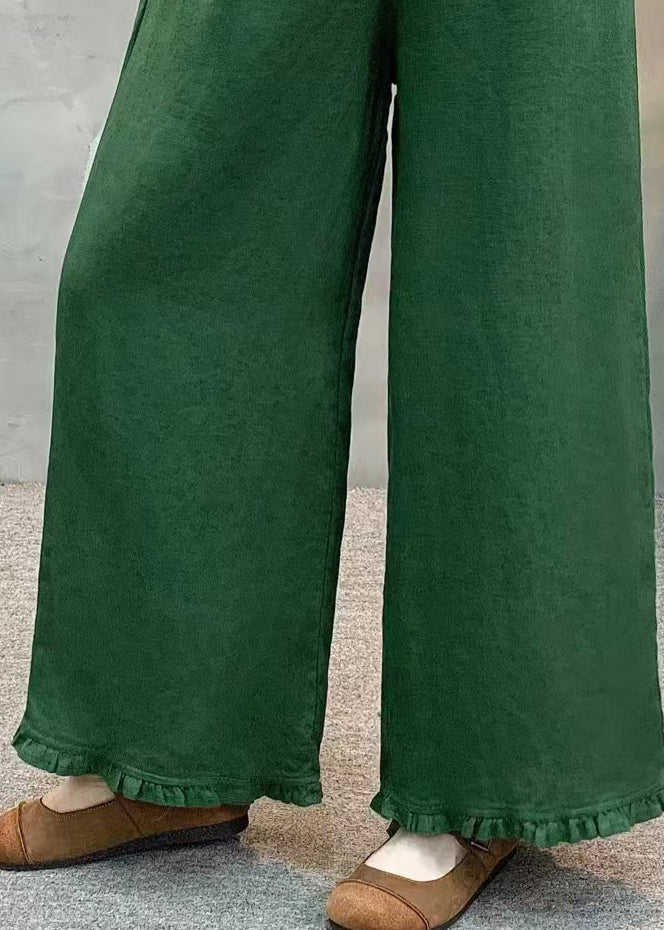 Green Ruffled Linen Wide Leg Pants Summer