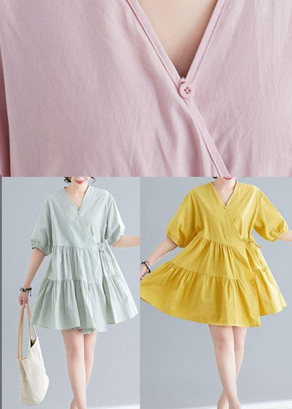 Green Short Sleeve a Line Dress Cotton