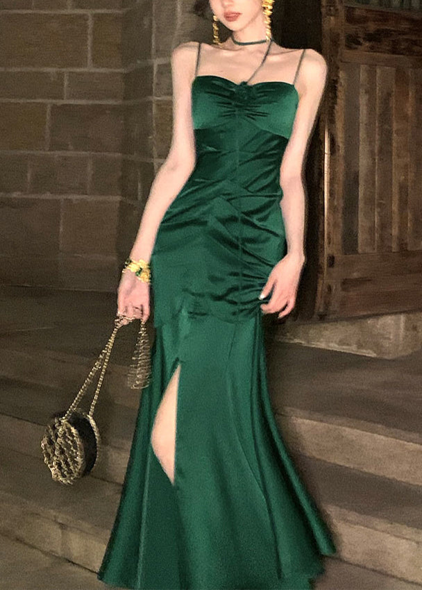 Green Slash Neck Cinched Patchwork Satin Maxi Fishtail Dress Summer
