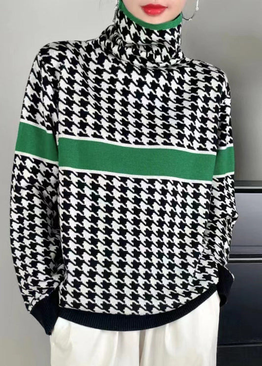 Green Turtleneck Patchwork Cotton Knit Sweaters Fall
