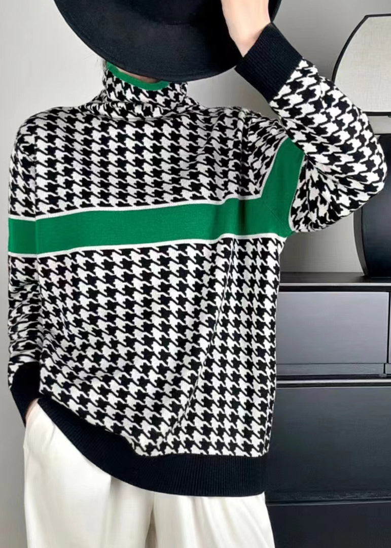 Green Turtleneck Patchwork Cotton Knit Sweaters Fall