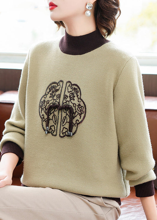 Green Turtleneck Zircon Patchwork Warm Fleece Sweater Winter