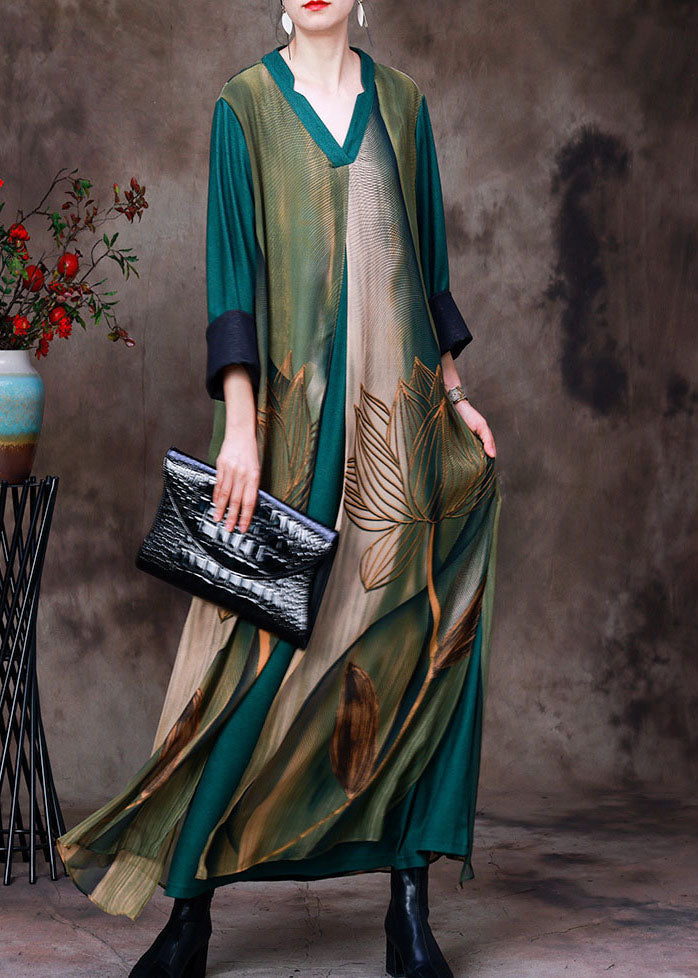 Green V Neck Patchwork Layered Silk Vacation Dresses Bracelet Sleeve