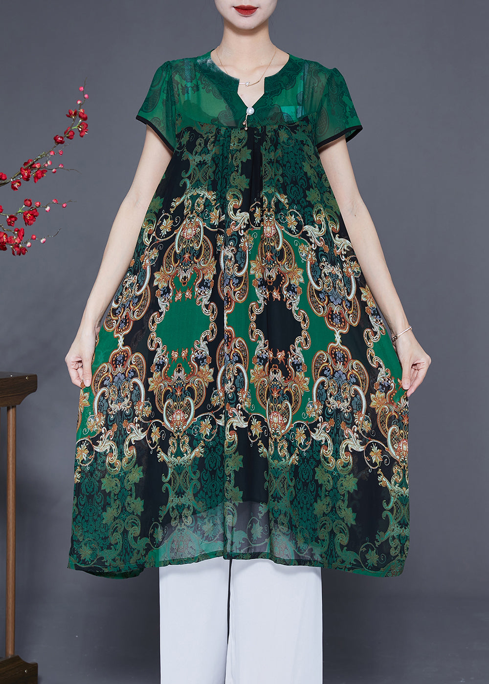 Green V Neck Print Chiffon Holiday Dress Summer