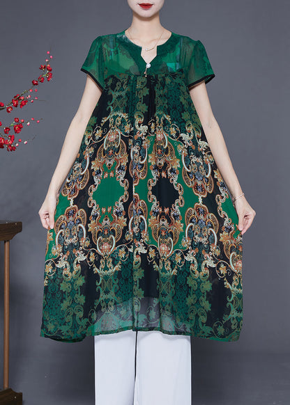 Green V Neck Print Chiffon Holiday Dress Summer