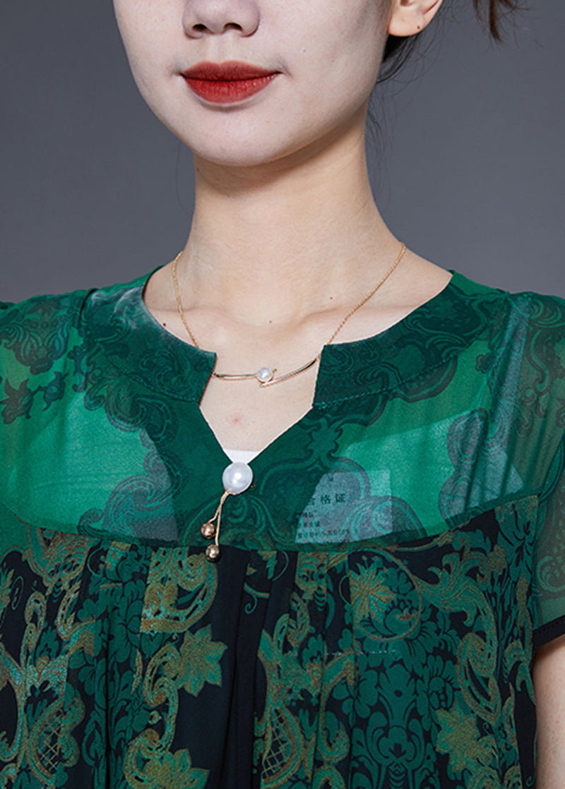 Green V Neck Print Chiffon Holiday Dress Summer