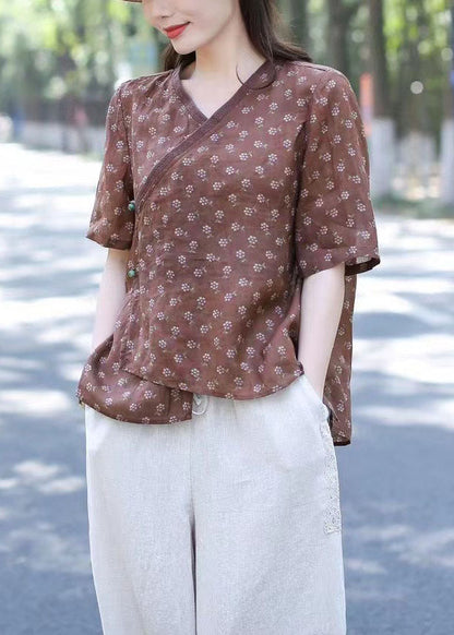 Green V Neck Print Patchwork Linen Blouses Summer