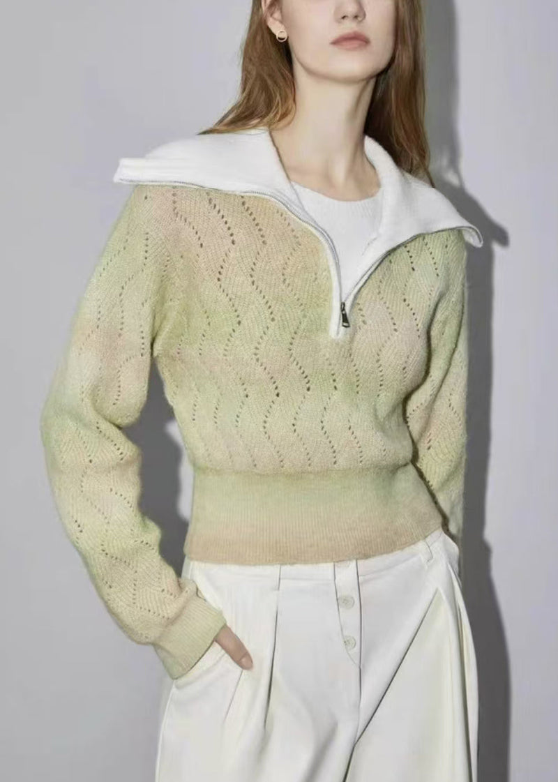 Green Zip Up Hollow Out Wool Knit Sweater Spring