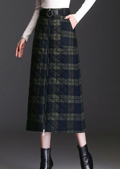 Green Zip Up Plaid Fine Cotton Filled Skirts Winter
