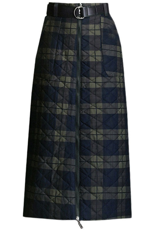 Green Zip Up Plaid Fine Cotton Filled Skirts Winter