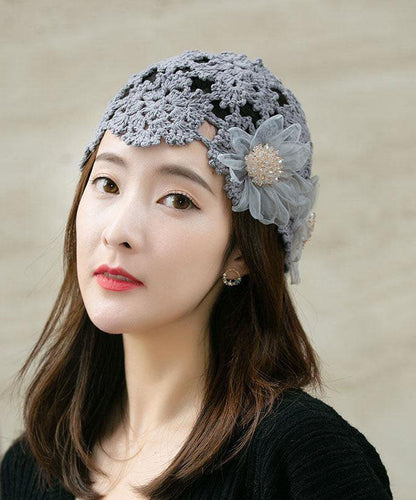 Grey Applique Hollow Out Knit Bonnie Hat