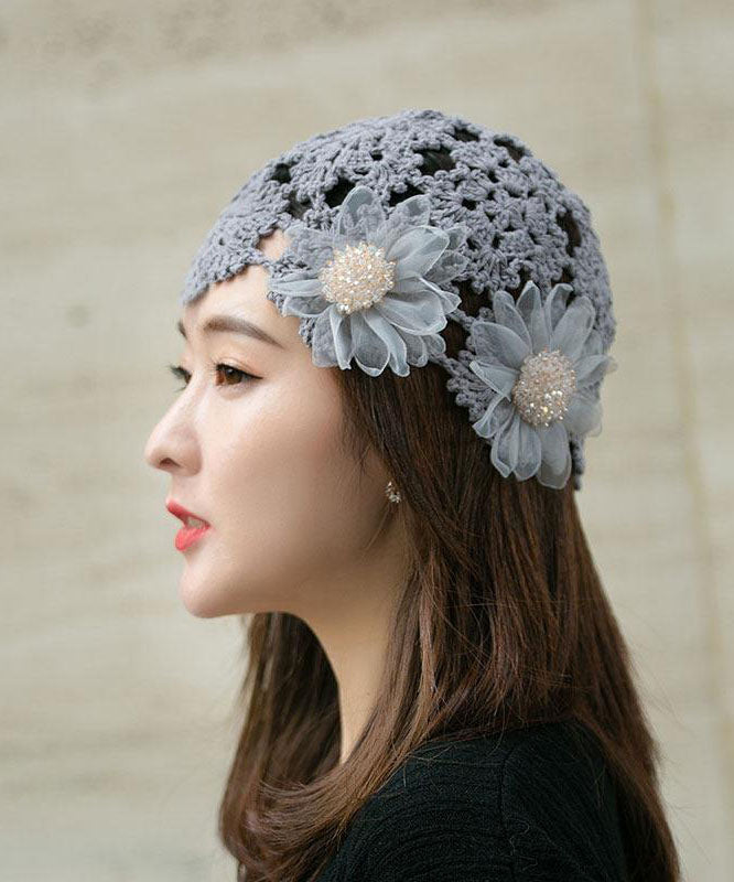 Grey Applique Hollow Out Knit Bonnie Hat
