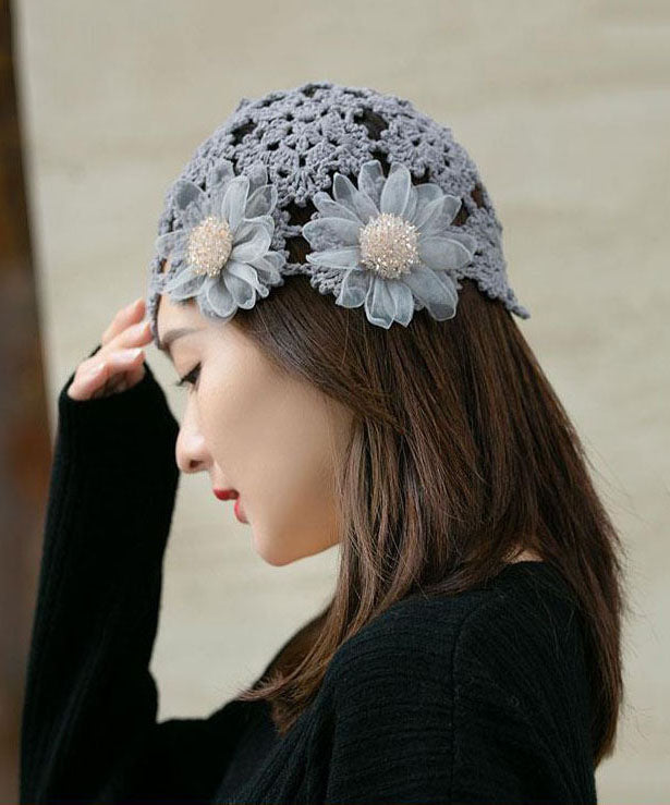 Grey Applique Hollow Out Knit Bonnie Hat
