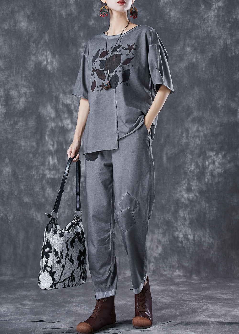 Grey Asymmetrical Patchwork Applique Cotton Two Pieces Set Summer