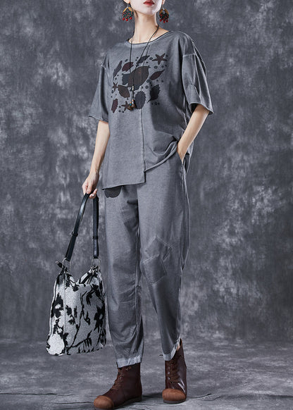 Grey Asymmetrical Patchwork Applique Cotton Two Pieces Set Summer