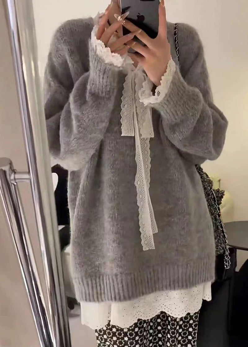 Grey Cozy Lace Patchwork Knit Sweater Winter