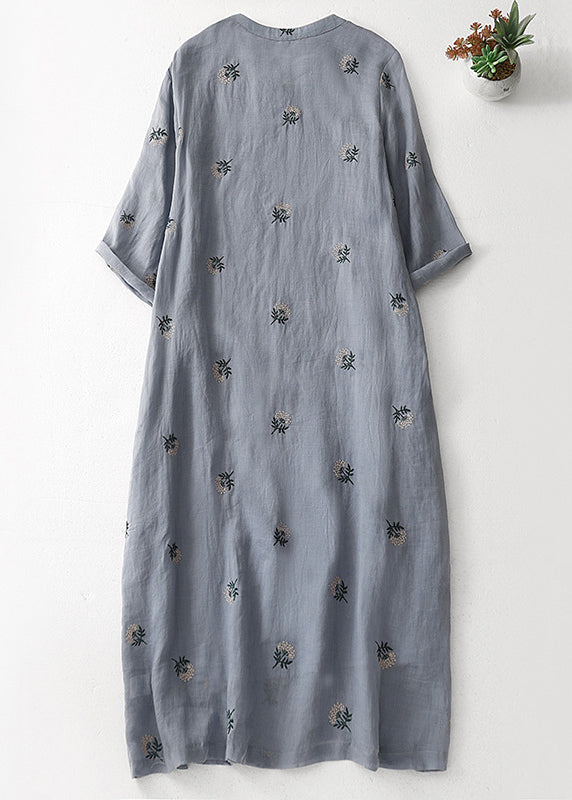 Grey Embroidered Button Cotton Dresses Half Sleeve