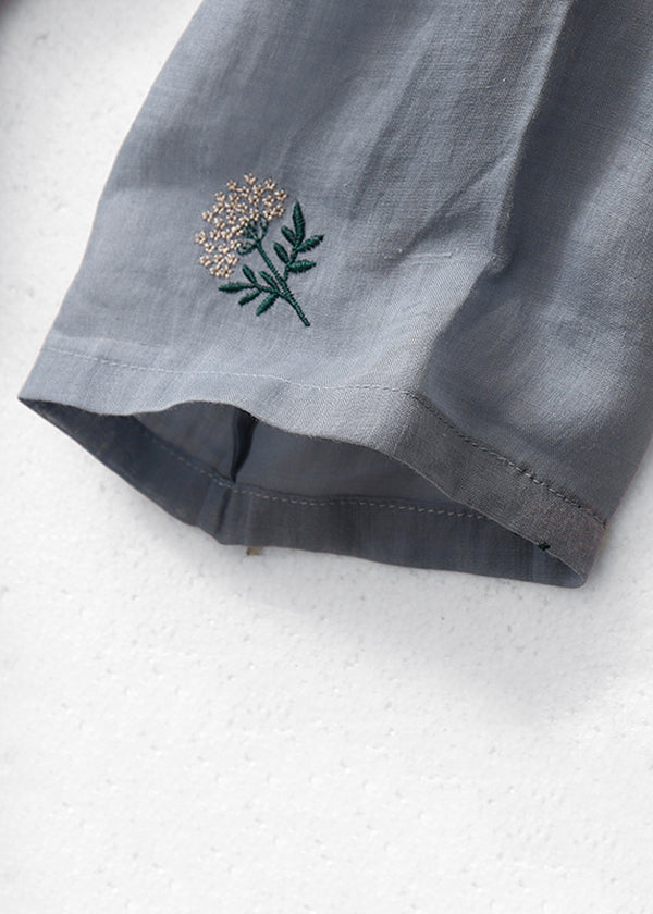 Grey Embroidered Button Cotton Dresses Half Sleeve