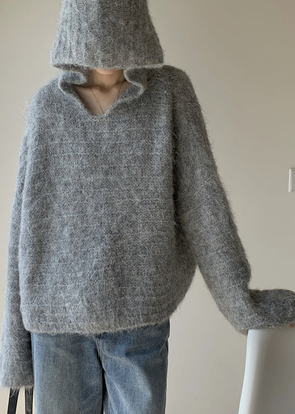 Grey Hooded Cotton Knit Sweaters Spring