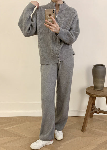 Grey Knitted Set Zippered Knitted Cotton Thread Sweater Cardigan and Wide Leg Pants Two Pieces Set Fall