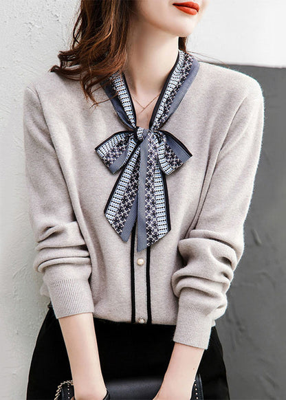 Grey Lace Up Button Patchwork Knit Sweaters Long Sleeve