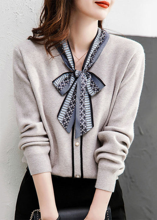 Grey Lace Up Button Patchwork Knit Sweaters Long Sleeve