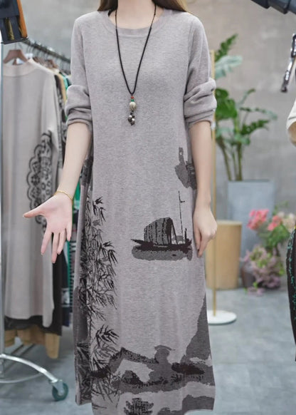 Grey O Neck Print Knit Sweater Dress Winter