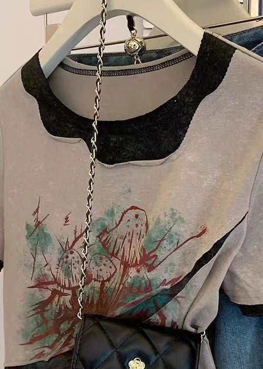 Grey O Neck Print Patchwork Cotton T Shirts Summer