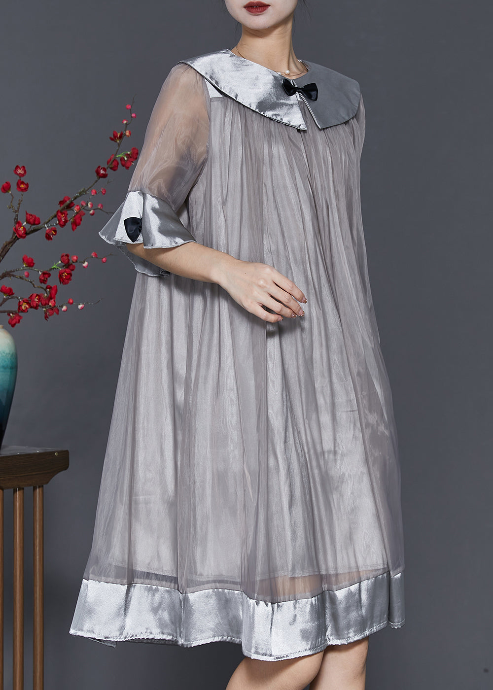 Grey Patchwork Bow Tulle Robe Dresses Summer