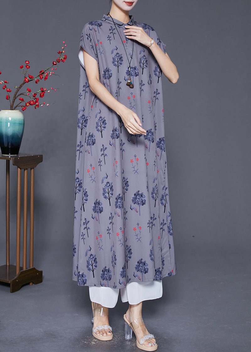 Grey Peter Pan Collar Print Silk Long Dress Summer