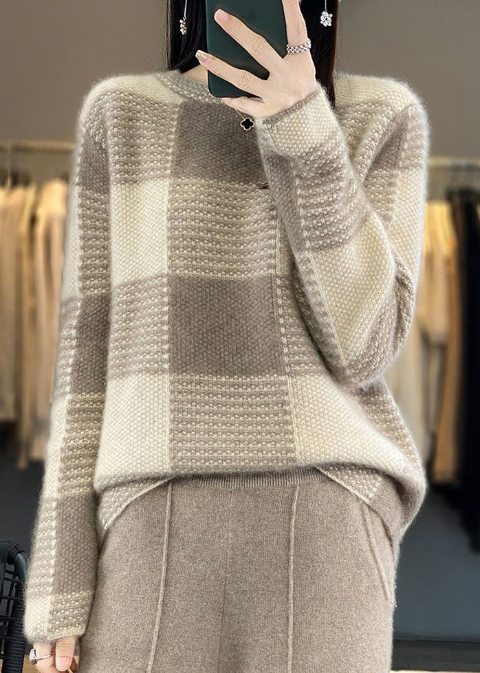 Grey Plaid O Neck Cozy Sweaters Long Sleeve