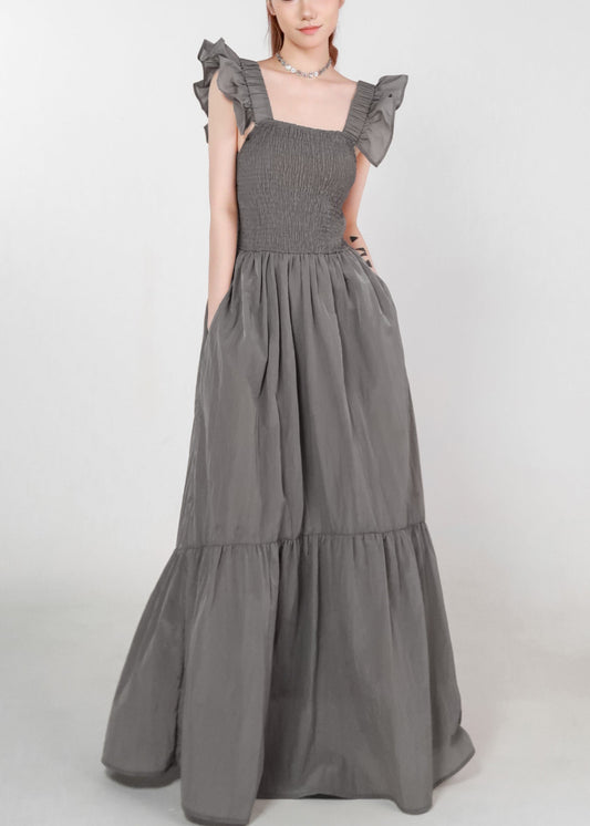 Grey Pockets High Waist Cotton Long Dress Summer