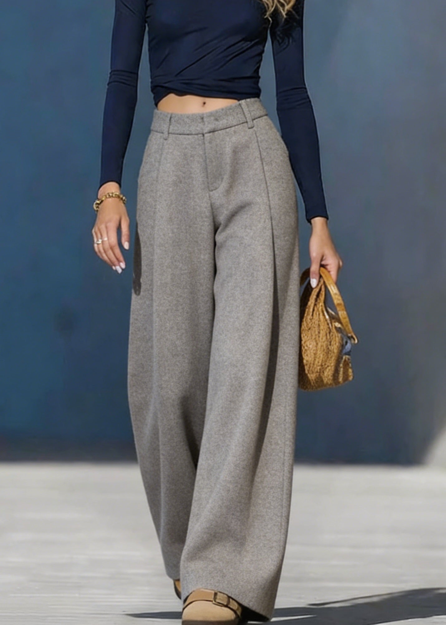 Grey Pockets Woolen Wide Leg Pants Spring