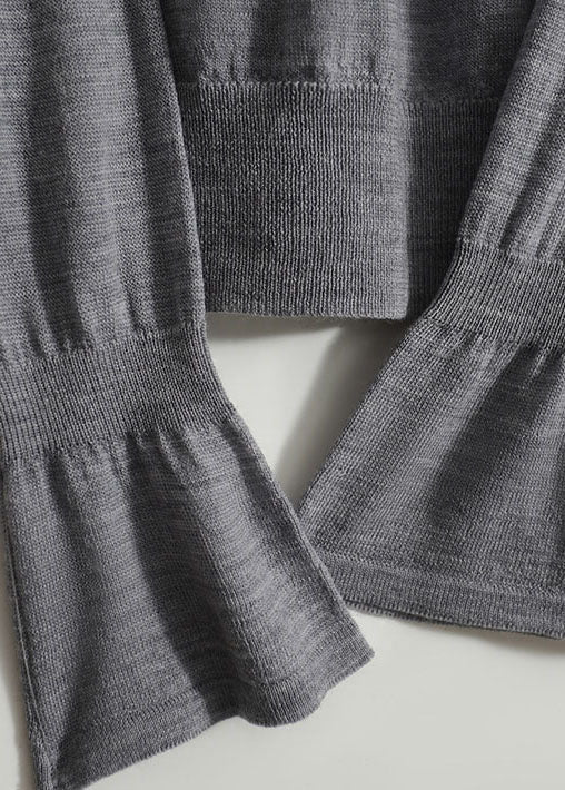 Grey Ruffled Patchwork Hollow Out Knit Shirts Spring