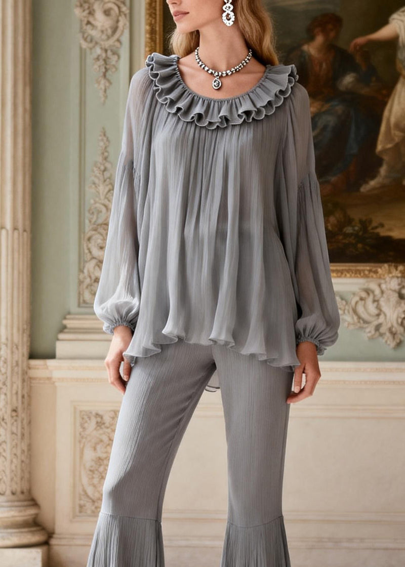 Grey Ruffled Patchwork Linen Silk 2 Piece Outfit Spring
