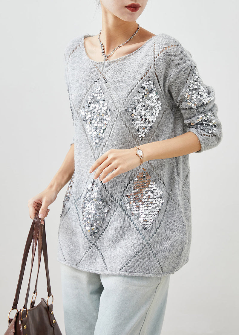 Grey Sequins Warm Knit Short Sweater Winter
