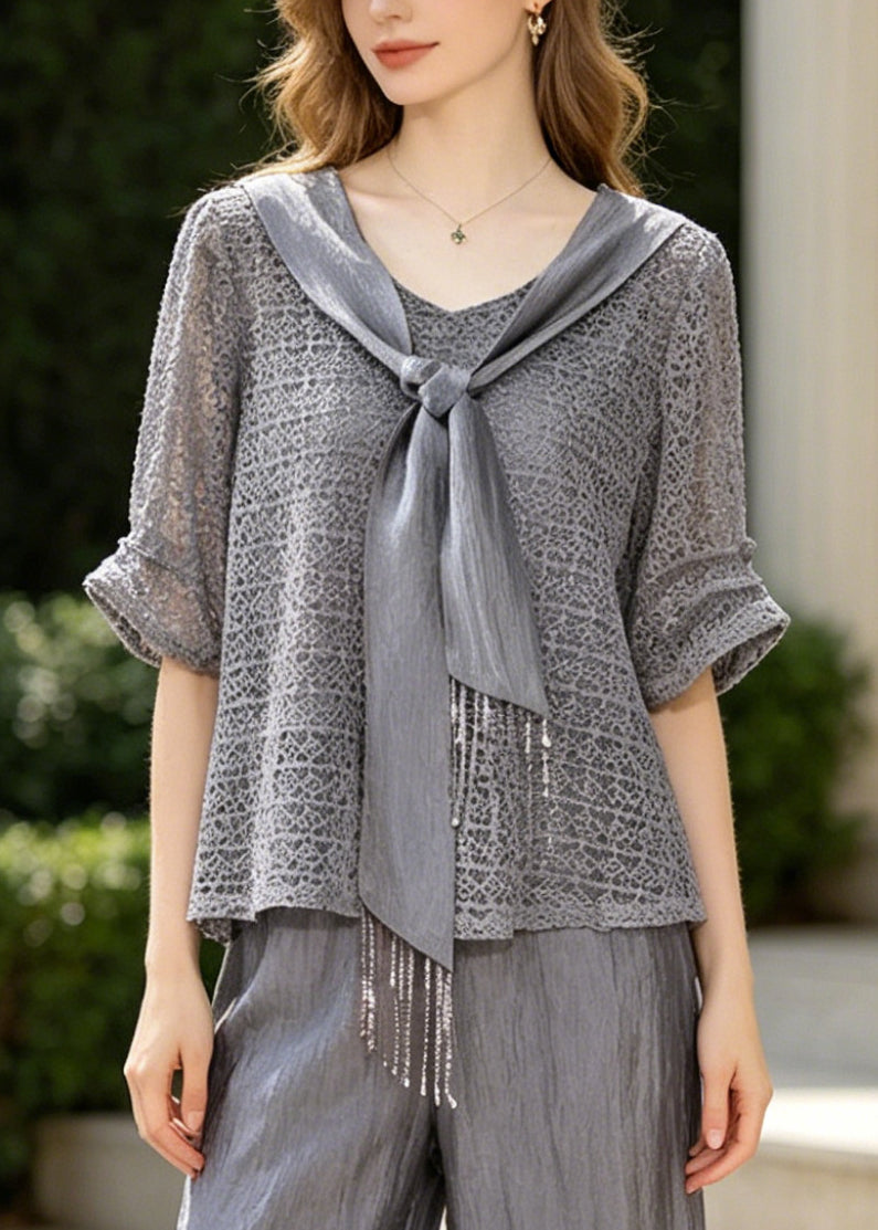 Grey Tasseled Hollow Out Knit Two Pieces Set Summer